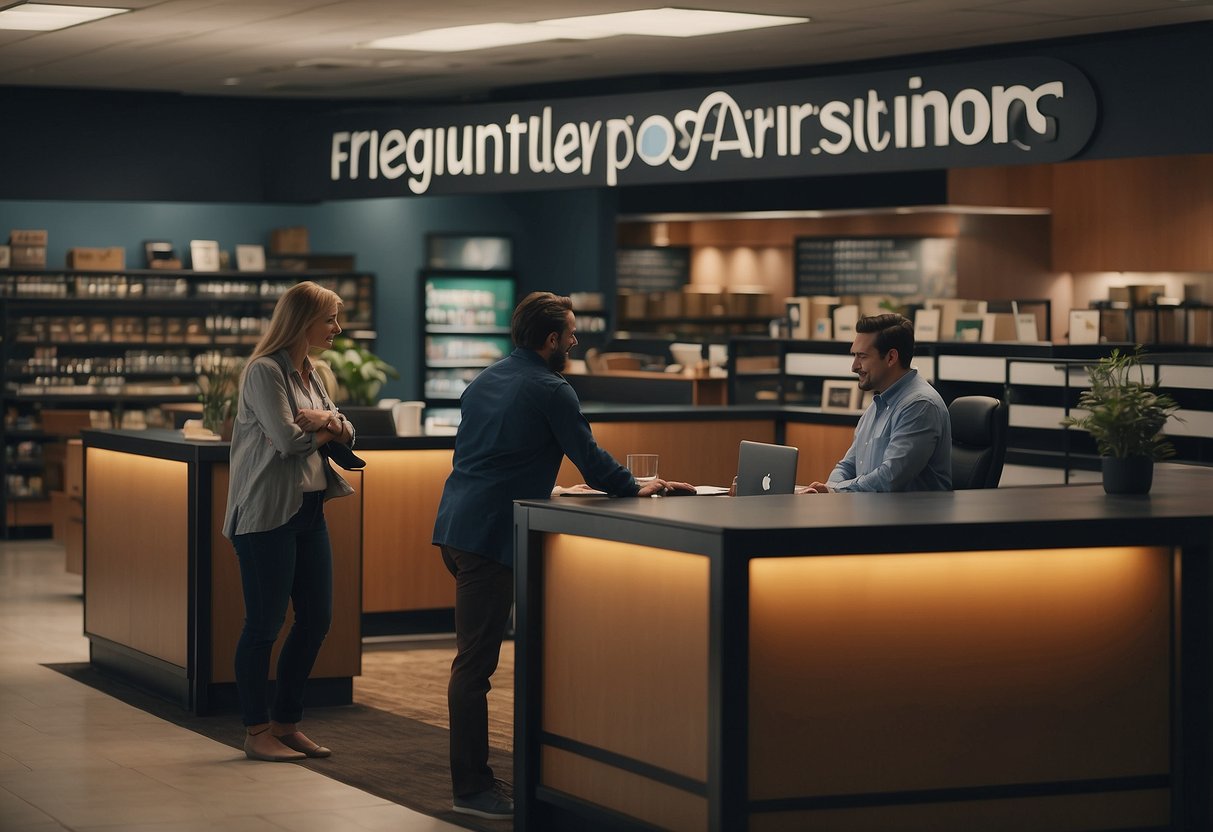 Customers browsing through aisles of furniture, while employees assist and answer questions. Large signage displaying "Frequently Asked Questions" above a customer service desk