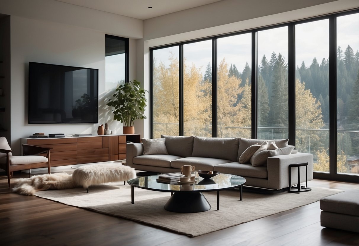 A modern living room with sleek, minimalist highline furniture, featuring clean lines and neutral colors, set against a backdrop of large windows and natural light
