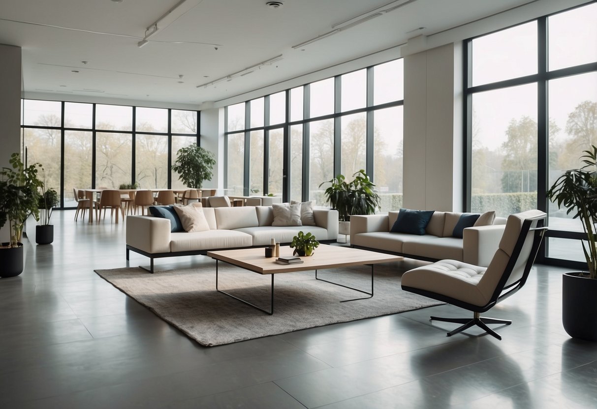 A spacious showroom with modern, minimalist furniture arranged in clean lines and neutral tones. Large windows flood the space with natural light, highlighting the sleek designs