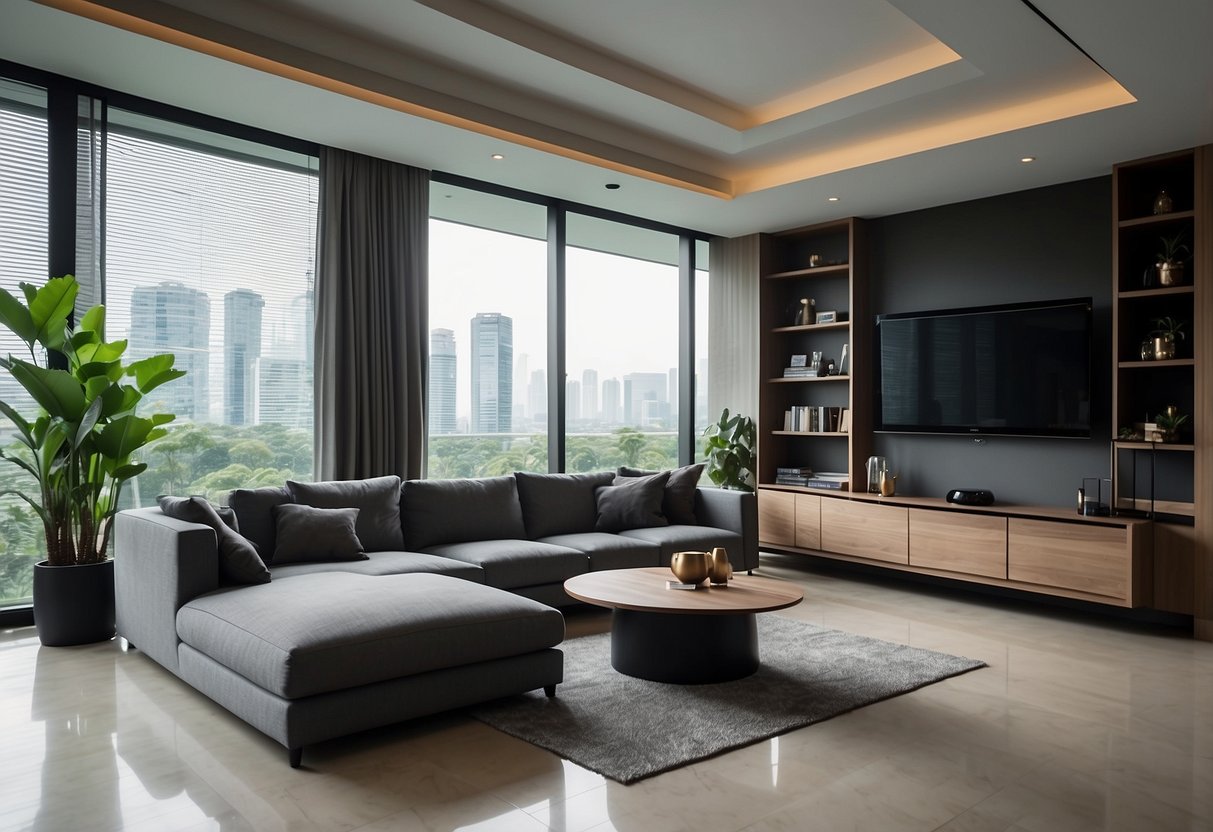 A modern, minimalist living room with sleek furniture and stylish decor, located in a spacious house in Singapore