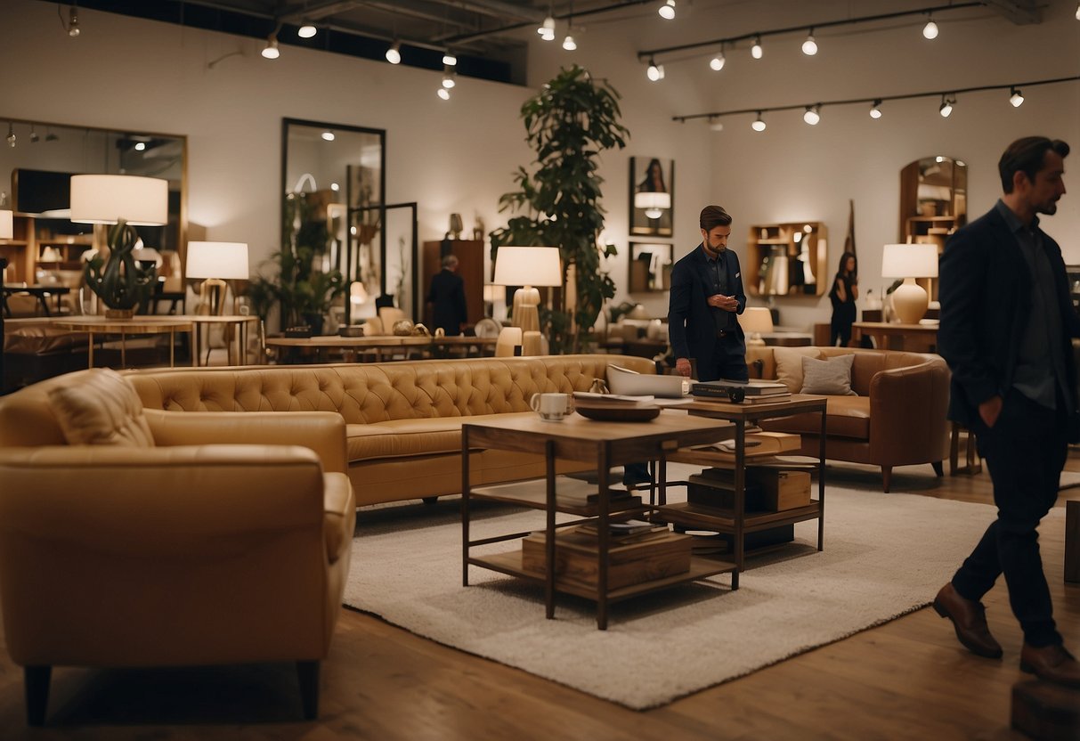 Customers browsing high-end furniture at a chic consignment store. Shelves and racks display modern and vintage pieces, while a sleek checkout counter sits in the background