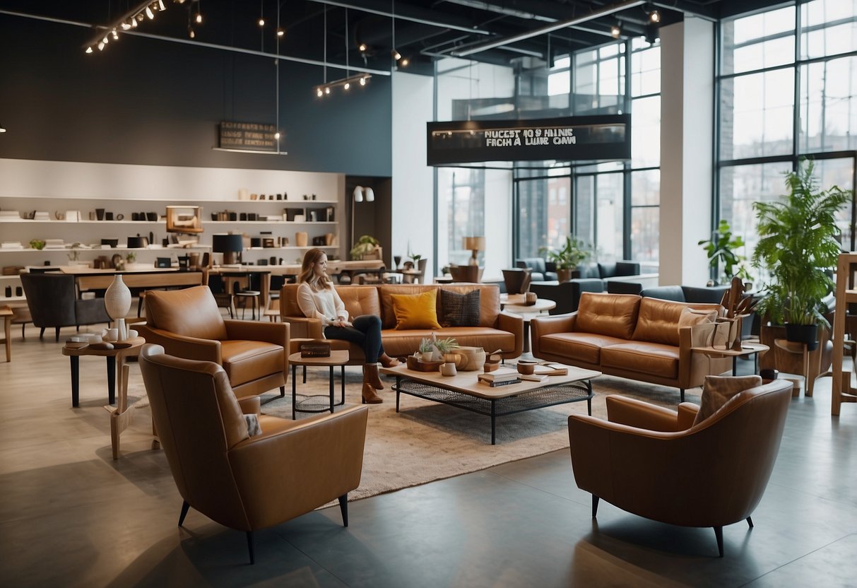 A modern furniture showroom with customers browsing, a sign reading "Frequently Asked Questions highline furniture" displayed prominently