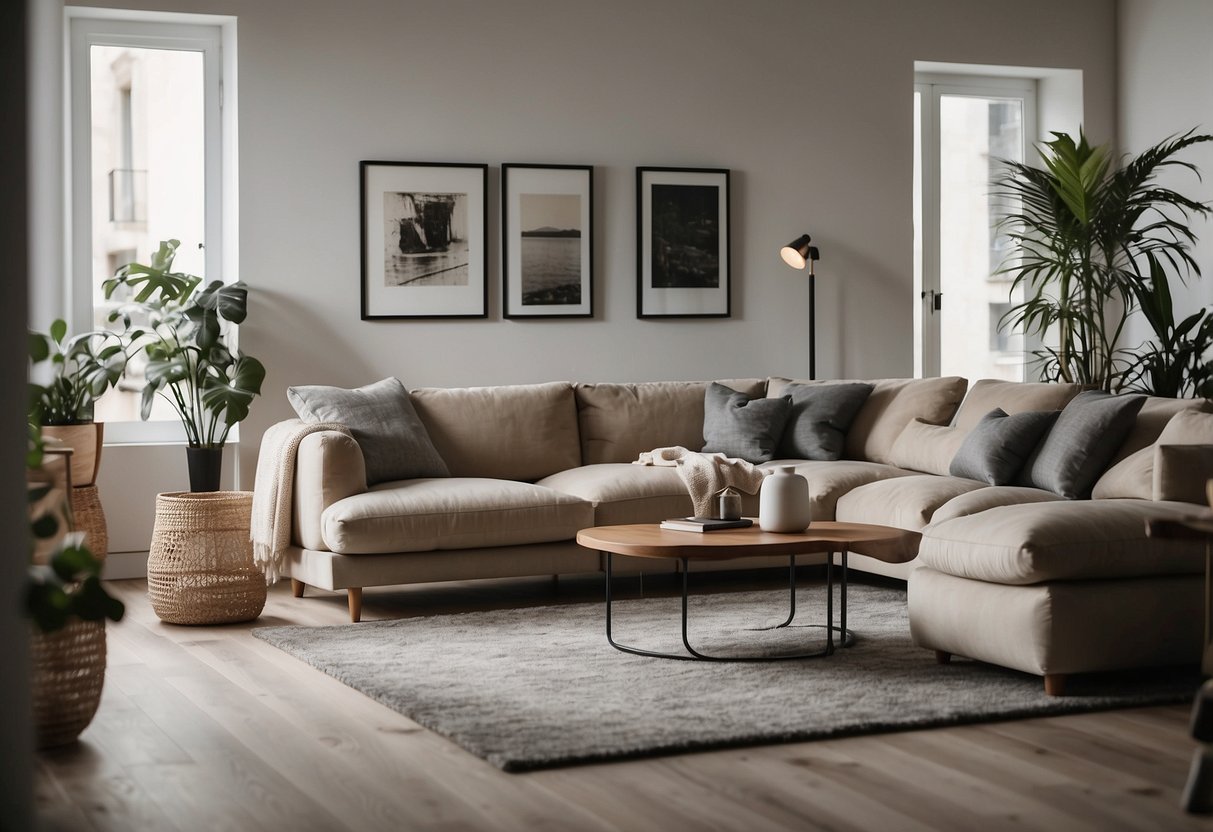 A cozy living room with House Doctor furniture, featuring a stylish sofa, modern coffee table, and elegant floor lamp