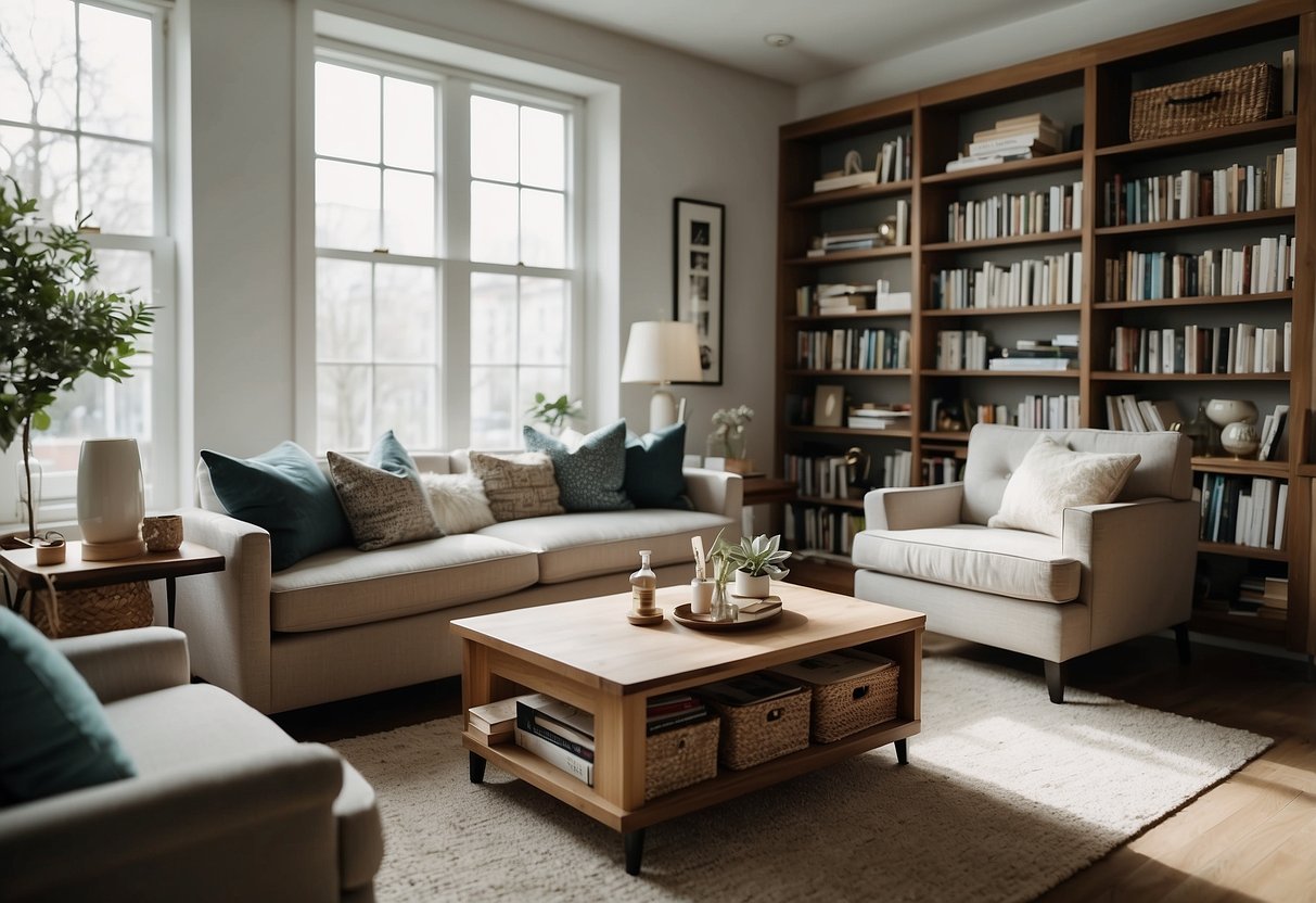 A cozy living room with modern furniture, a sleek coffee table, and a comfortable sofa. A bookshelf filled with books and decorative items. Bright natural light coming through the window