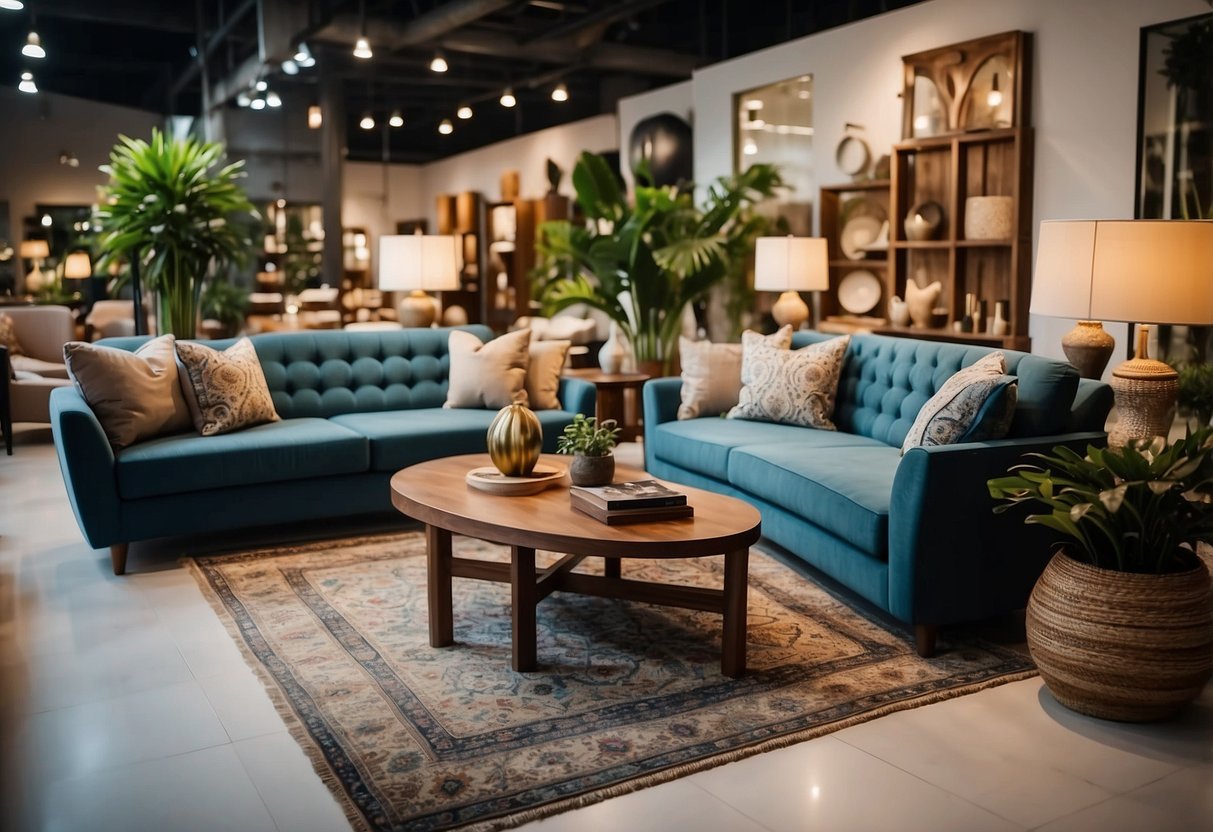 A spacious furniture shop in JB with rows of elegant sofas, wooden tables, and vibrant rugs on display. Bright lighting and a cozy ambiance invite customers to explore the stylish collection