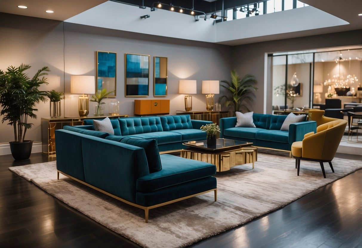 A showroom filled with modern and elegant furniture pieces. Bright lighting highlights the sleek designs and vibrant colors. Various collections are displayed, from minimalist to luxurious styles