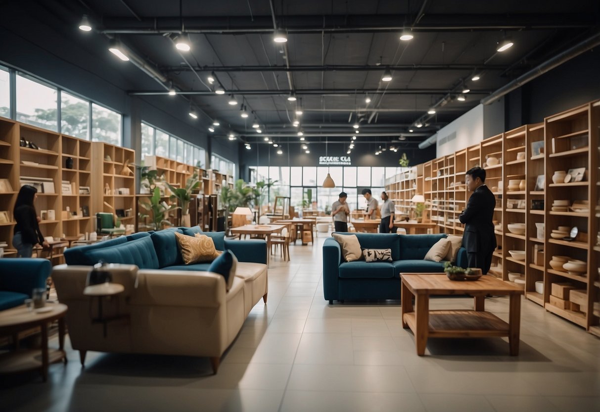 Customers browsing shelves, trying out sofas, and inspecting wooden tables in a spacious and well-lit furniture shop in Johor Bahru
