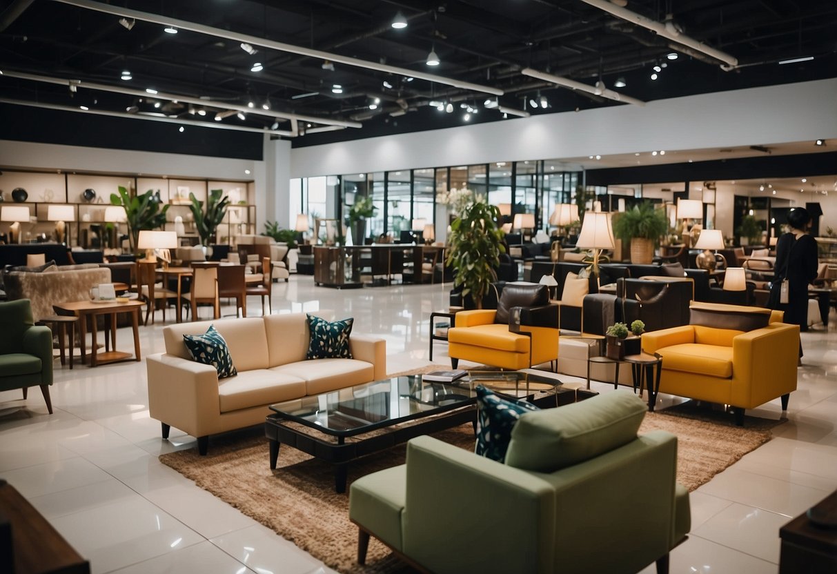 A bustling furniture shop in JB, filled with modern and stylish pieces. Customers browse through the neatly arranged displays, while staff assist with inquiries