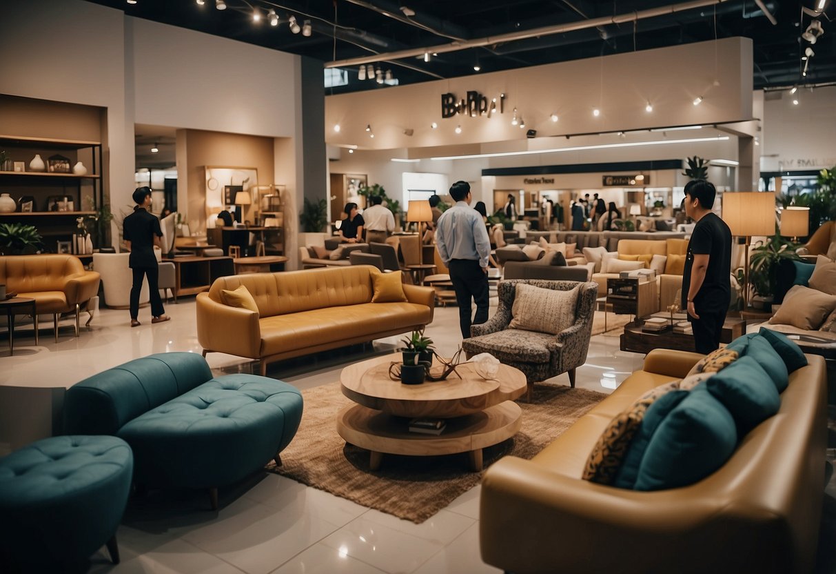 A bustling furniture shop in JB with customers browsing, staff assisting, and a variety of stylish and modern furniture on display