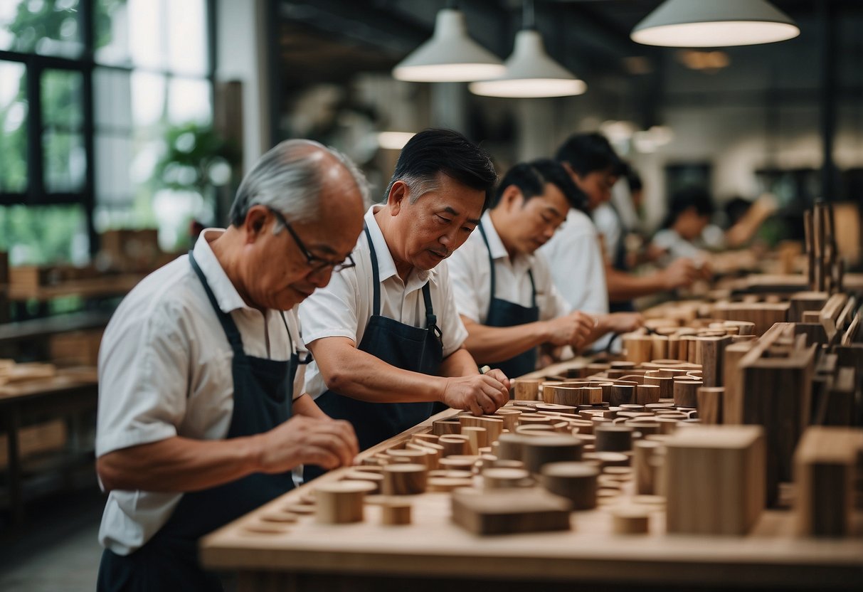 A workshop buzzing with artisans, meticulously crafting elegant furniture in Singapore's Service and Craftsmanship furniture world