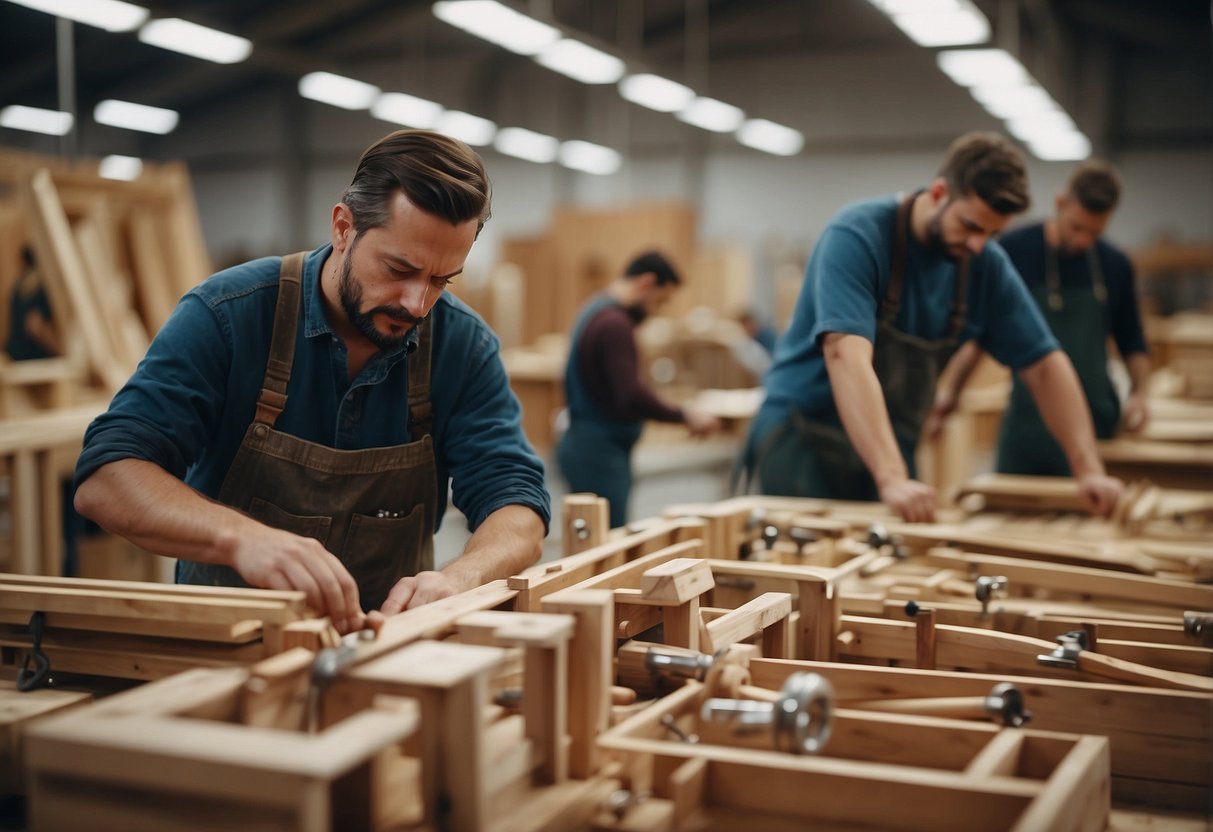 A bustling furniture workshop with workers assembling and crafting wooden furniture pieces, surrounded by stacks of raw materials and tools