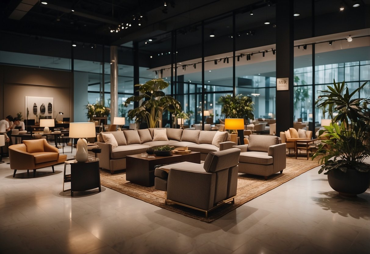 A bustling furniture showroom in Singapore, with customers browsing, staff assisting, and a prominent "Frequently Asked Questions" sign