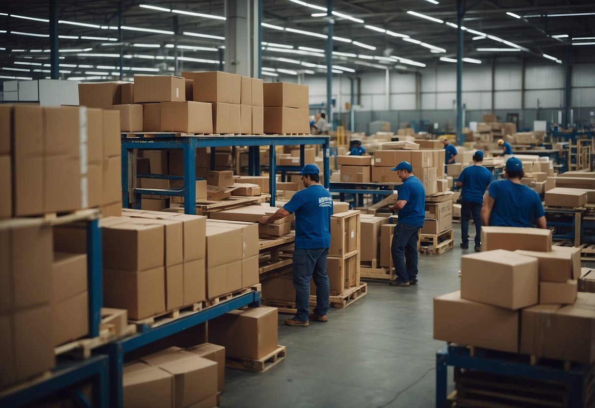 The scene is a bustling furniture factory with workers assembling and packaging products. Machinery hums and crates are stacked high