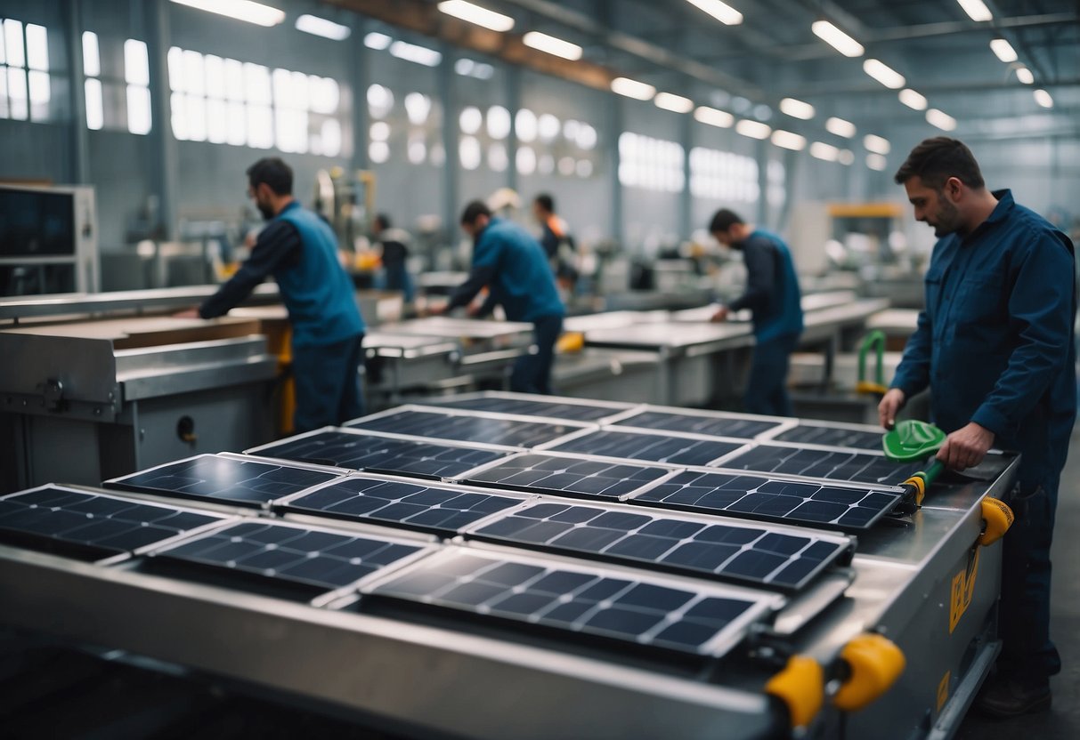 A modern factory with solar panels and recycling bins. Workers use advanced machinery to craft eco-friendly furniture