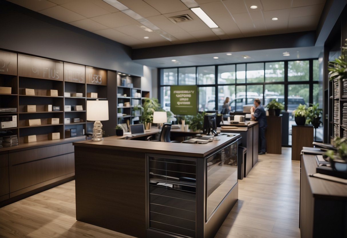 A busy office with customers asking questions at a furniture store's front desk. Shelves of furniture and a sign reading "Frequently Asked Questions" are visible