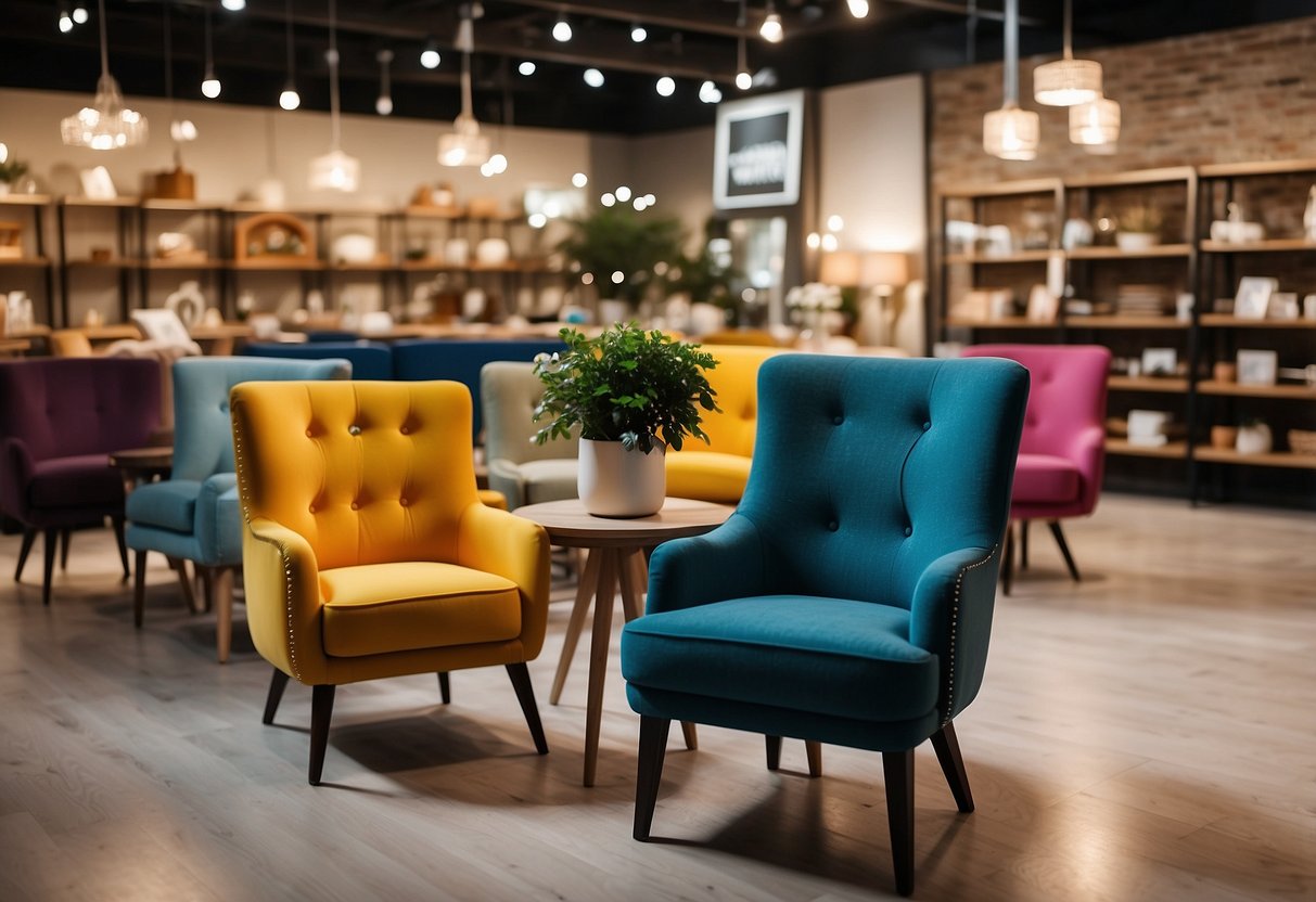 A furniture shop with rows of chairs, tables, and shelves. Bright lighting and colorful displays. Customers browsing and staff assisting