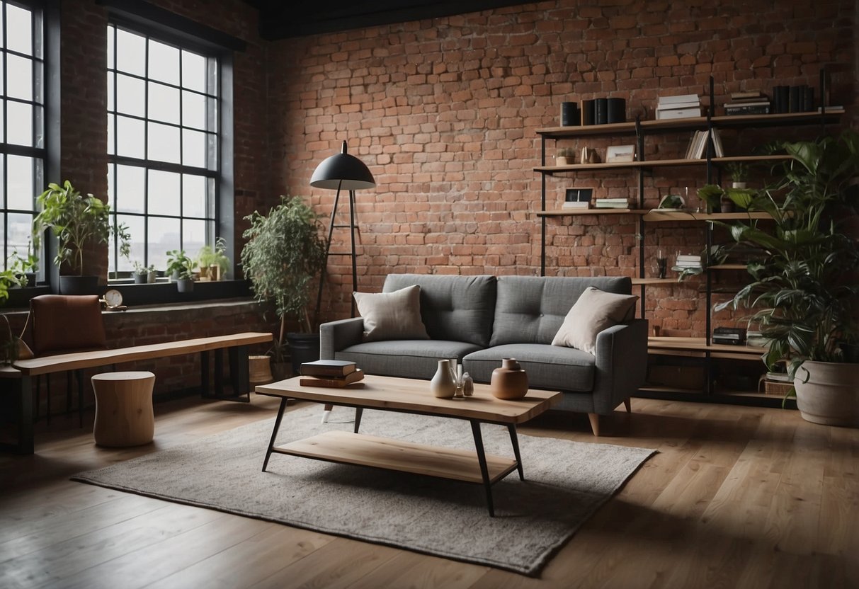 A cozy loft with modern furniture, including a sleek sofa, a stylish coffee table, and a minimalist bookshelf against exposed brick walls