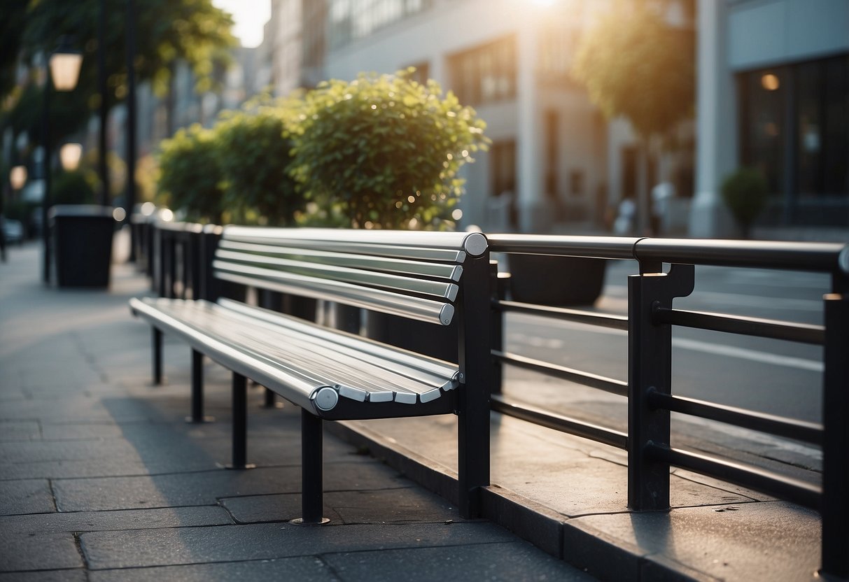 Aluminium benches, trash cans, and light posts line the urban sidewalk
