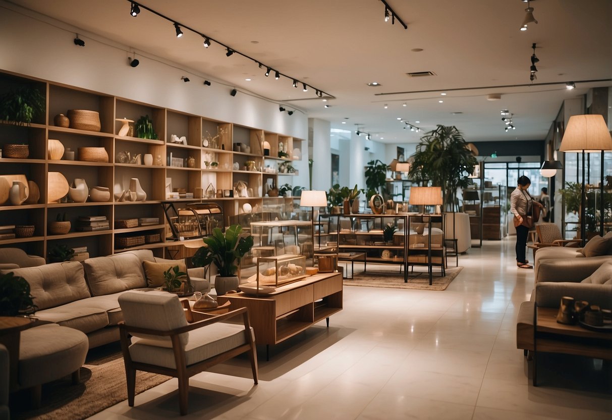 Customers browse modern and traditional furniture in a spacious, well-lit shop in Singapore. Shelves are filled with unique decor and stylish home accessories