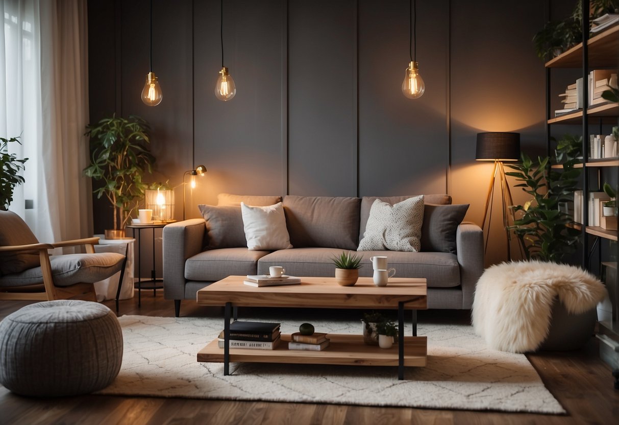 A cozy loft living room with a plush sofa, modern coffee table, and stylish bookshelf. Soft lighting and decorative accents create a warm and inviting atmosphere