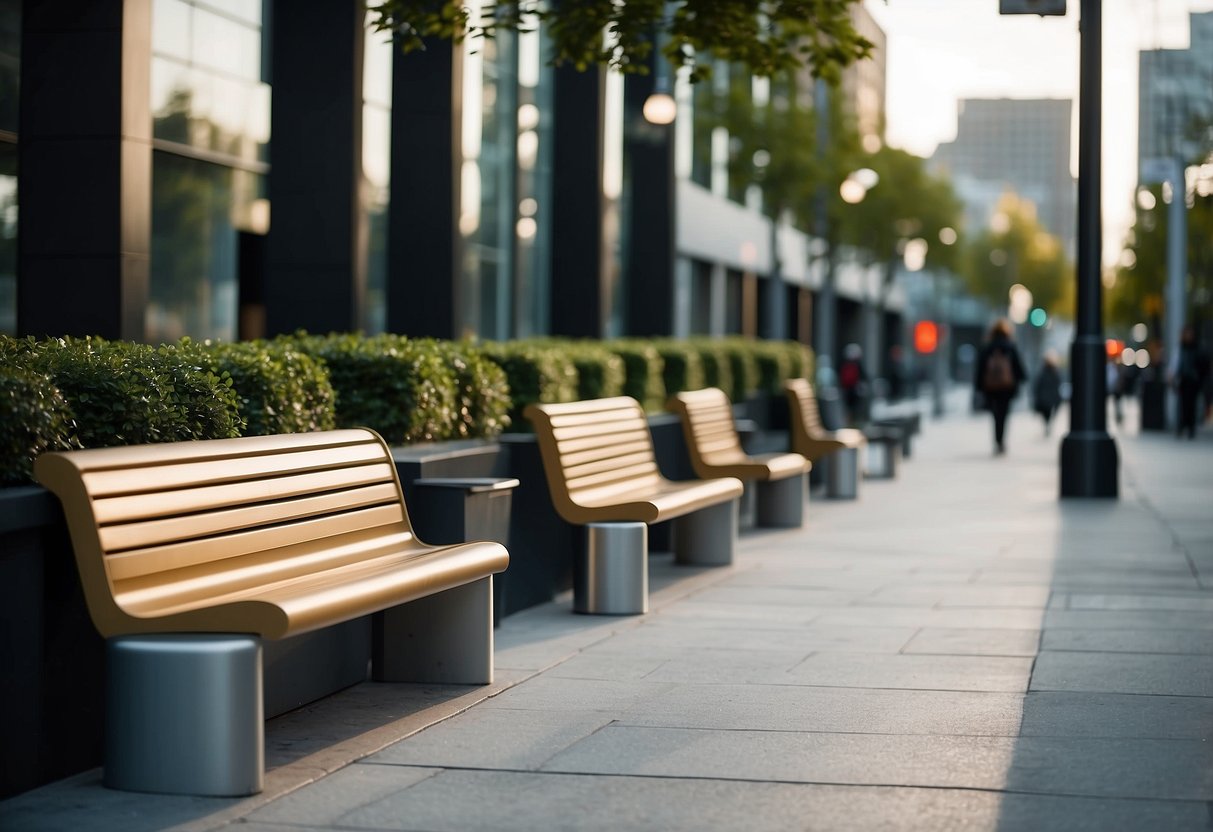 A modern urban setting with sleek, metallic street furniture made of aluminum, including benches, trash cans, and light fixtures