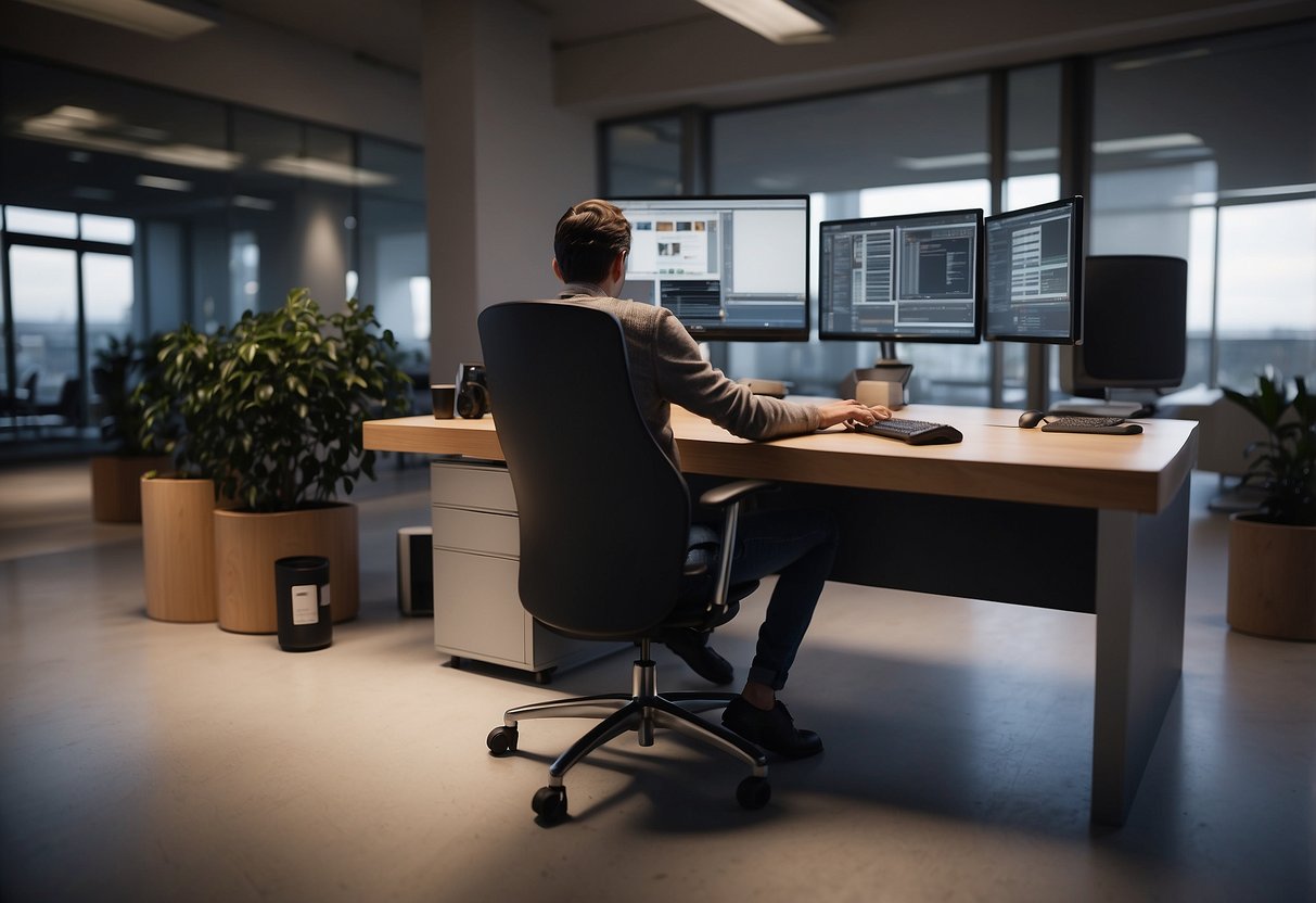 A person using a computer to tag furniture in Revit, with a desk, chair, and monitor in the background