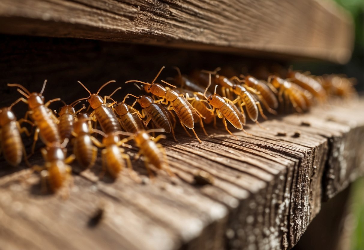 Termites swarm around a damaged piece of wood furniture. A barrier of treated wood surrounds the furniture, preventing termites from infesting it