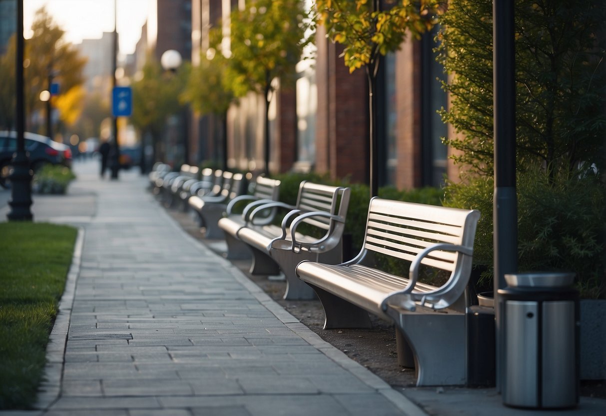 A city street with modern aluminium benches, trash cans, and bike racks, creating a clean and functional urban environment