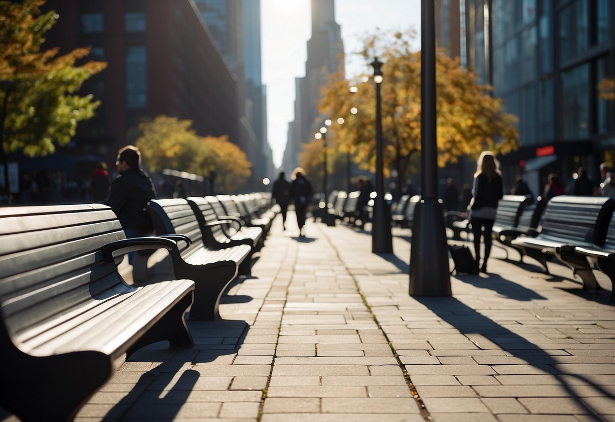 A busy urban street with various aluminium benches, trash cans, and light posts, with people walking and interacting with the street furniture