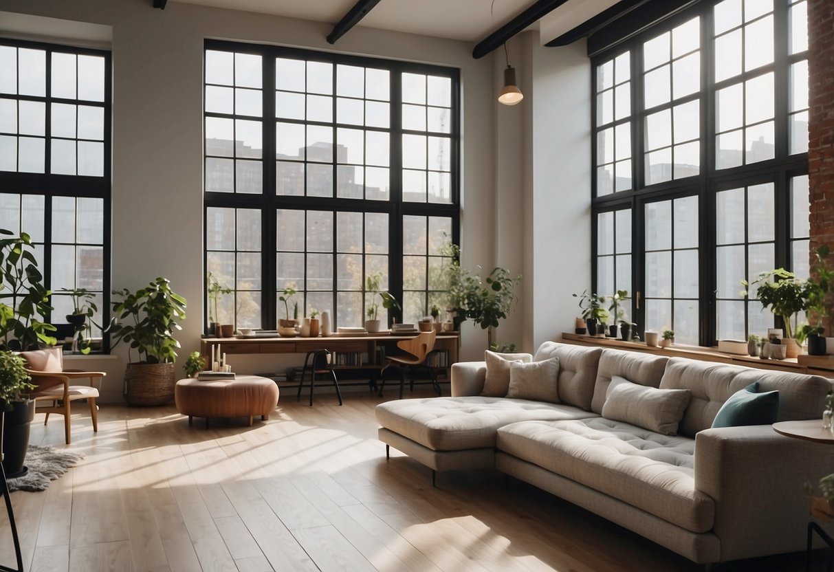 A cozy loft with modern furniture, including a comfortable sofa, a sleek coffee table, and a stylish bookshelf. The space is well-lit with natural sunlight streaming in through large windows