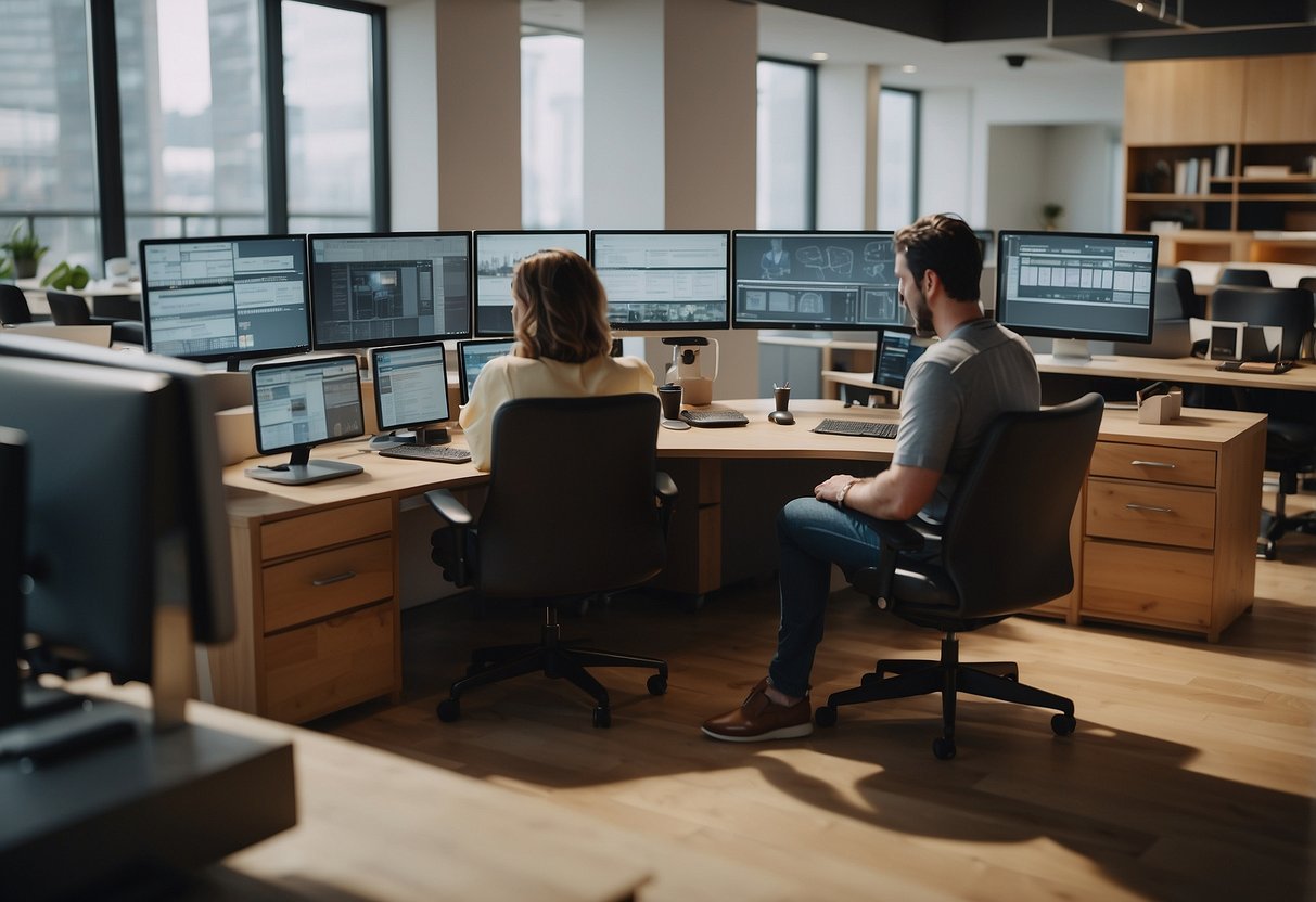 A person tagging furniture in Revit, surrounded by computer screens and furniture models