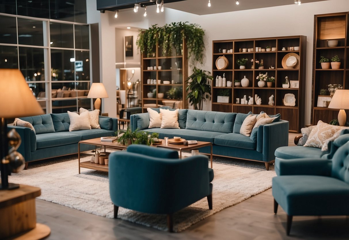 A spacious furniture shop with modern decor displays and cozy seating areas. Shelves are neatly organized with various home furnishings and decor items. Bright lighting and friendly staff create a welcoming atmosphere