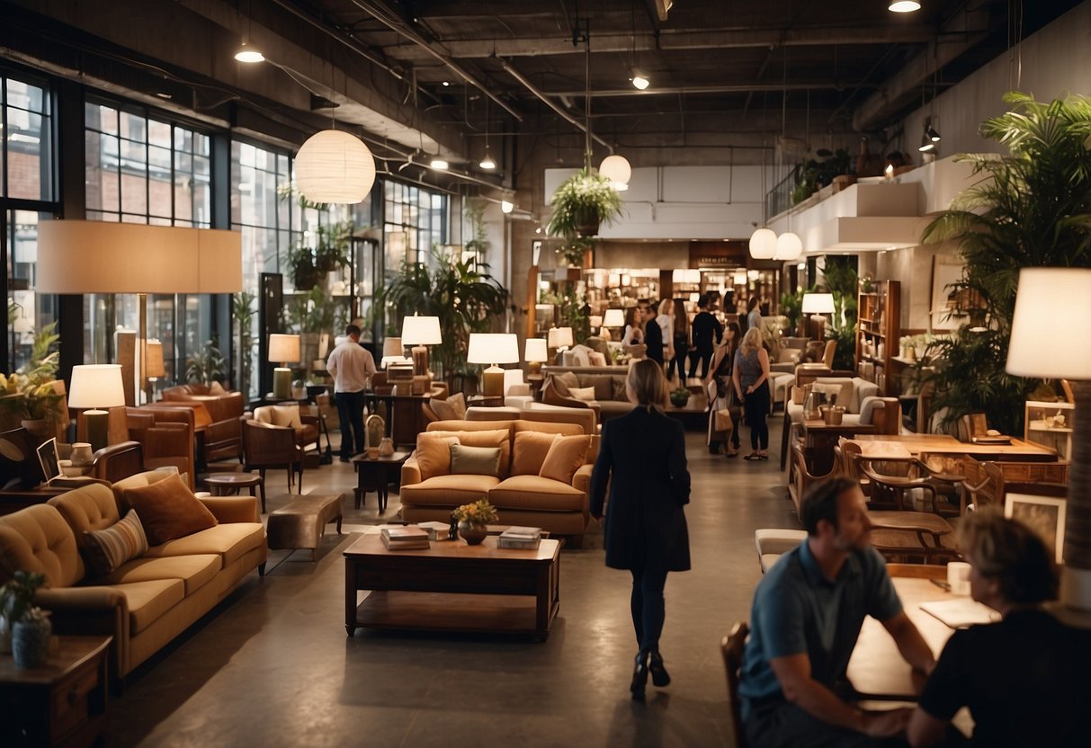 A bustling furniture shop with customers browsing, staff assisting, and a prominent "Frequently Asked Questions" sign