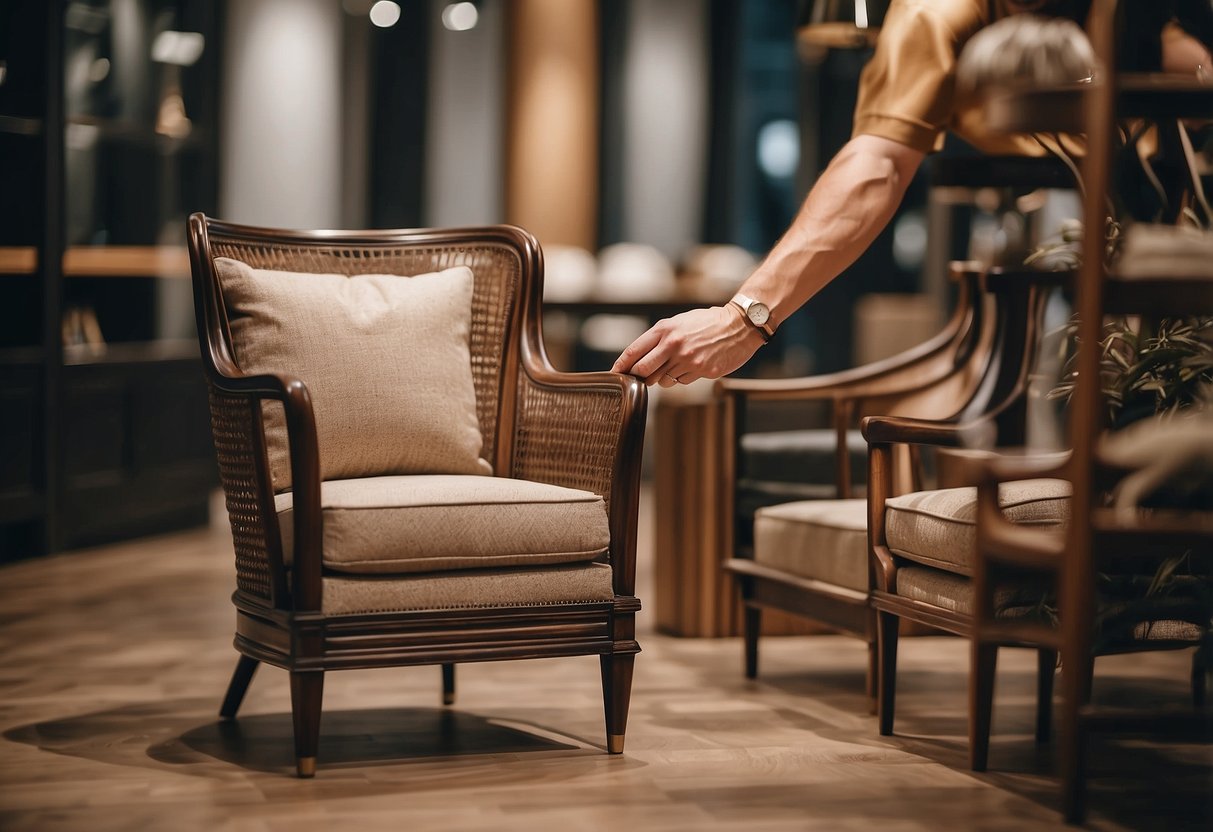 A hand reaches out to carefully pick a beautifully crafted wooden chair from a display of elegant furniture in a high-end showroom