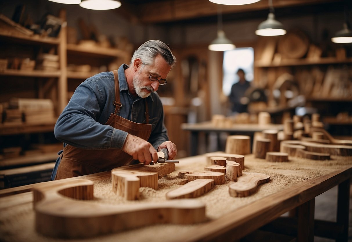 A craftsman carves wood, as sawdust fills the air. Shelves display handcrafted tables and chairs. A sign reads "Artisan Furniture Maker."