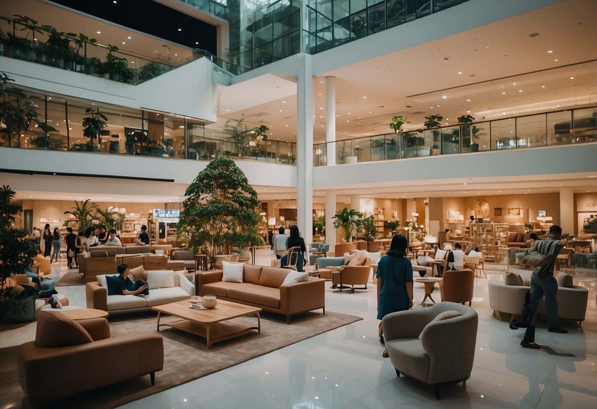 The furniture mall in Singapore bustles with shoppers exploring modern and traditional furnishings in a spacious, well-lit showroom