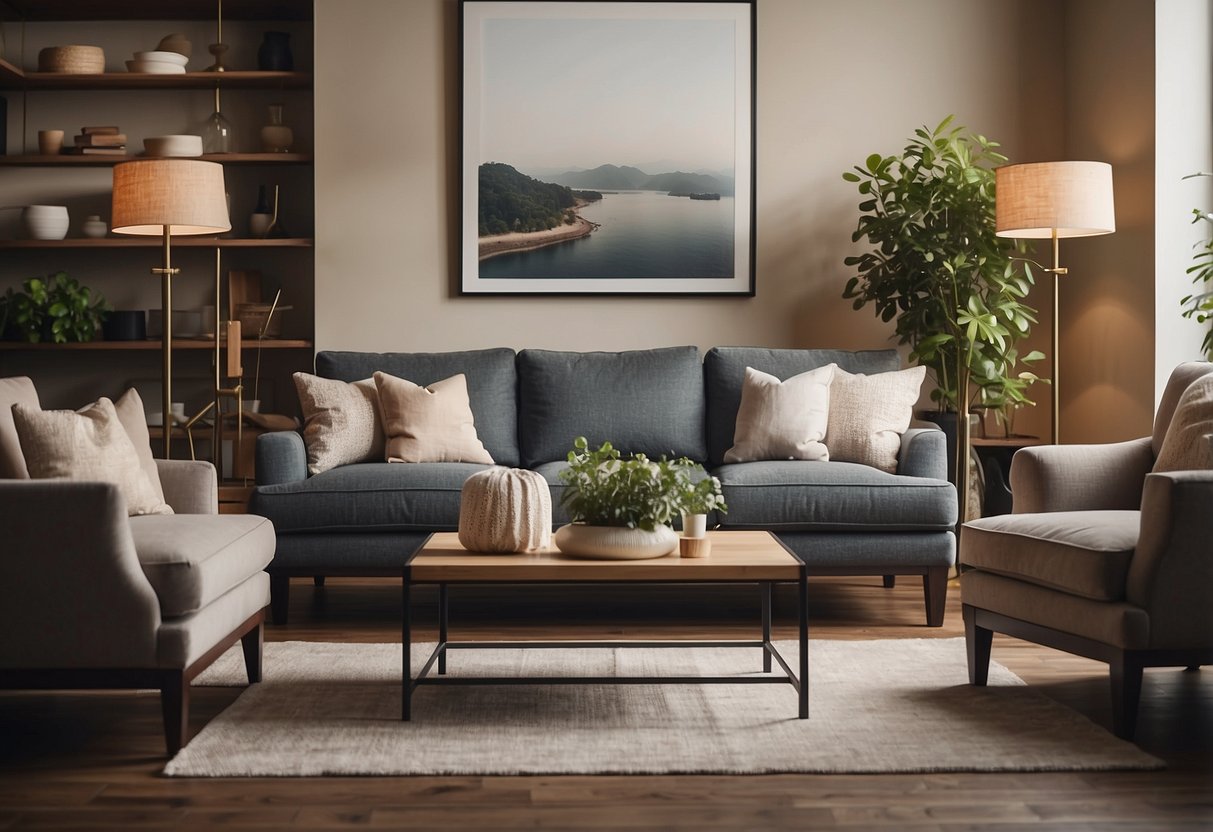 A cozy living room with elegant, handcrafted furniture. A sign reads "Frequently Asked Questions: Origin Home Fine Furniture."