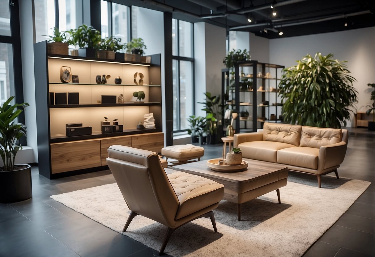 A spacious showroom filled with modern and stylish furniture, arranged in an inviting and organized manner. Bright lighting highlights the quality and variety of the products on display