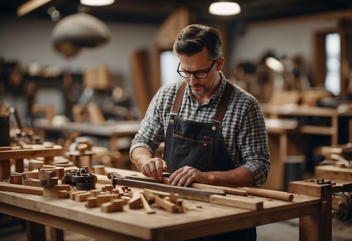 A furniture maker working in a well-lit workshop, surrounded by various tools, wood pieces, and finished furniture pieces on display