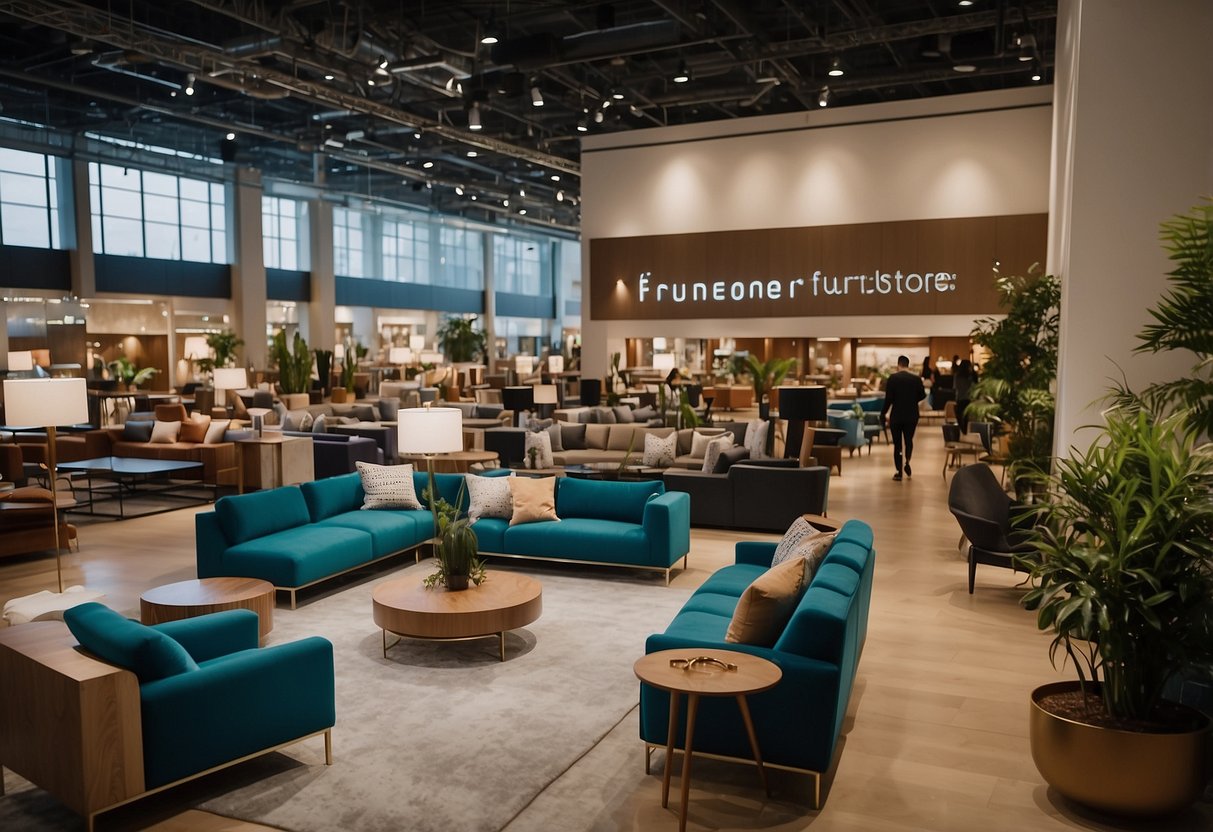 A bustling furniture mall with rows of stylish sofas, elegant dining sets, and modern bedroom furniture on display. Shoppers browse through the aisles, admiring the sleek designs and vibrant colors
