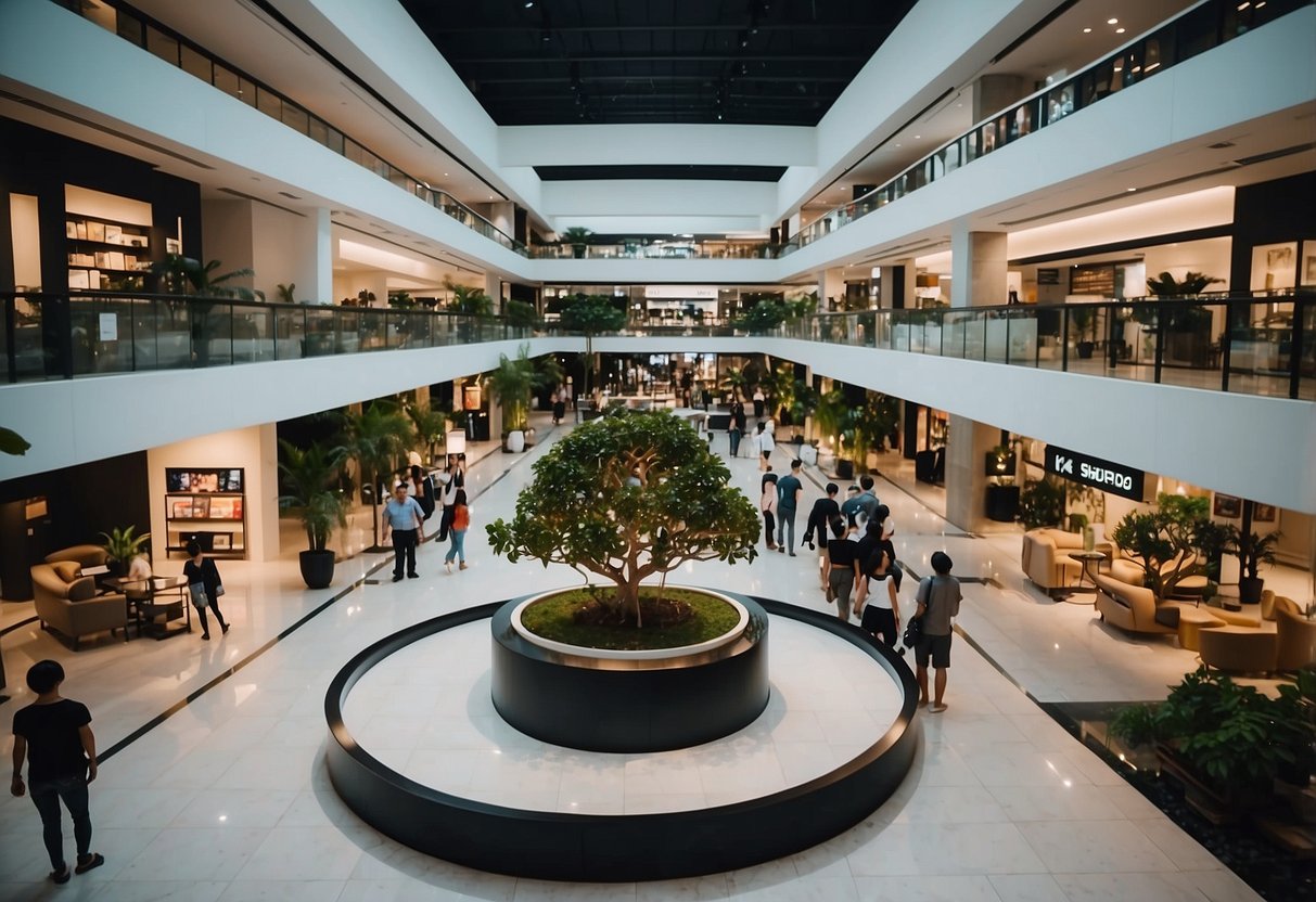 A bustling furniture mall in Singapore, with customers browsing through various showrooms and sales representatives assisting them