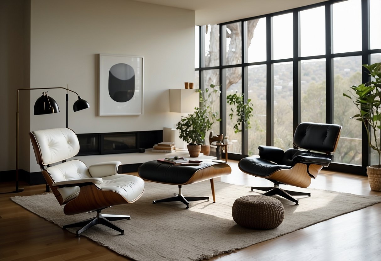 A modern living room with iconic furniture brands: Eames lounge chair, Barcelona chair, and Noguchi coffee table, arranged in a stylish and minimalist setting