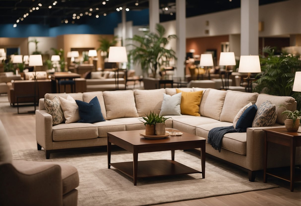 Customers browse through a variety of furniture displays in the spacious and well-lit Furniture Mall. The showroom is filled with comfortable sofas, elegant dining sets, and stylish home decor