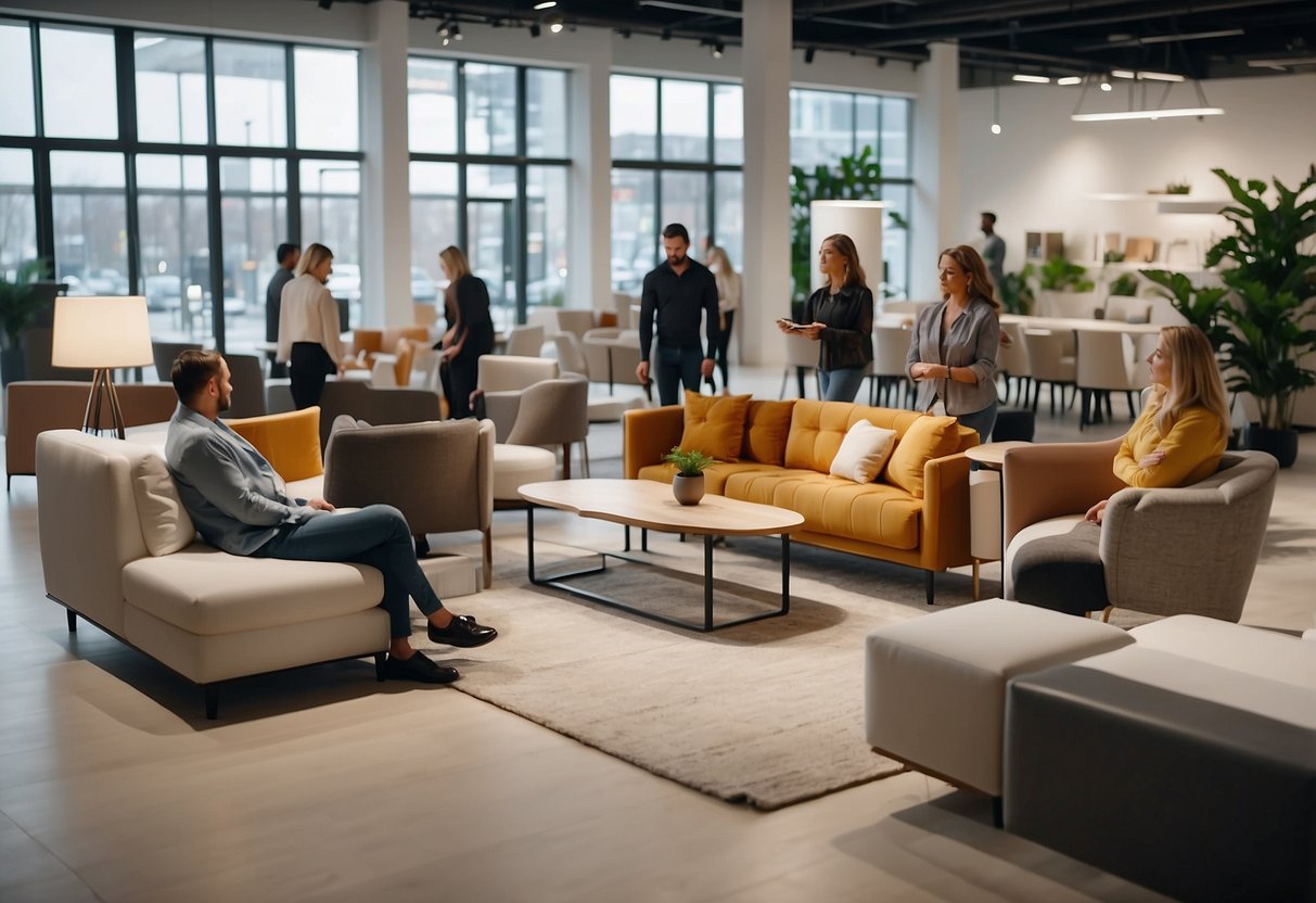 A diverse group of customers browse through modern furniture in a spacious and well-lit showroom, with clear signage and accessible pathways