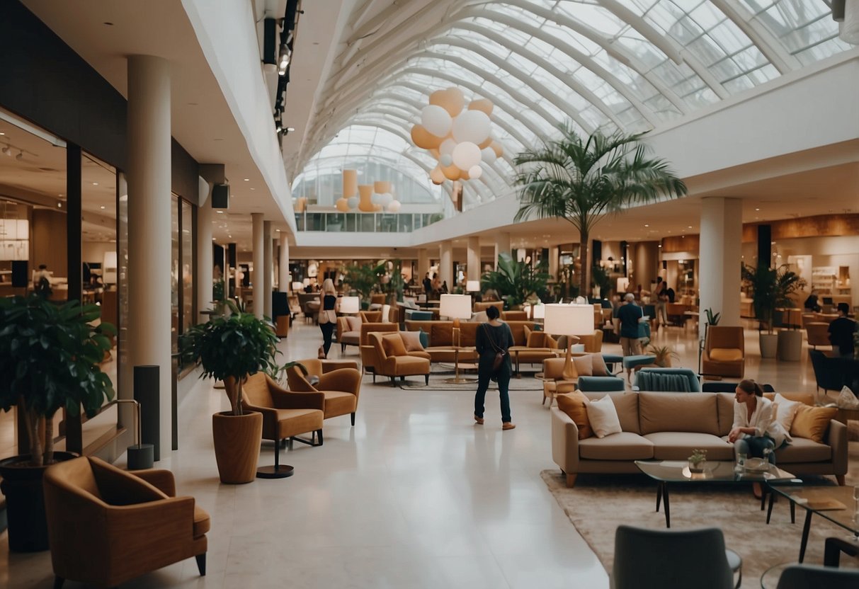 A bustling furniture mall with customers browsing, staff assisting, and a variety of furniture on display. The atmosphere is energetic and inviting, with a mix of modern and classic styles