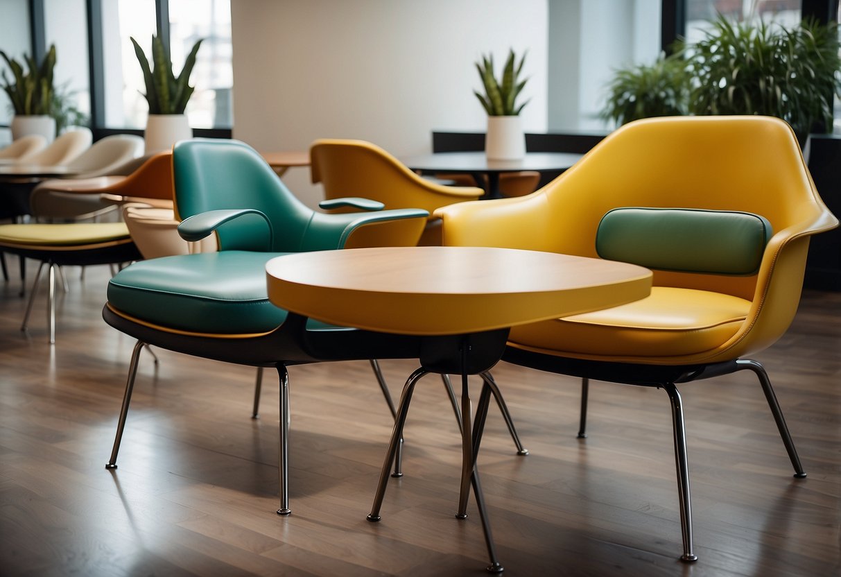 Mid-century modern chairs and tables by Eames, Saarinen, and Wegner displayed in a sleek showroom with clean lines and minimalist decor