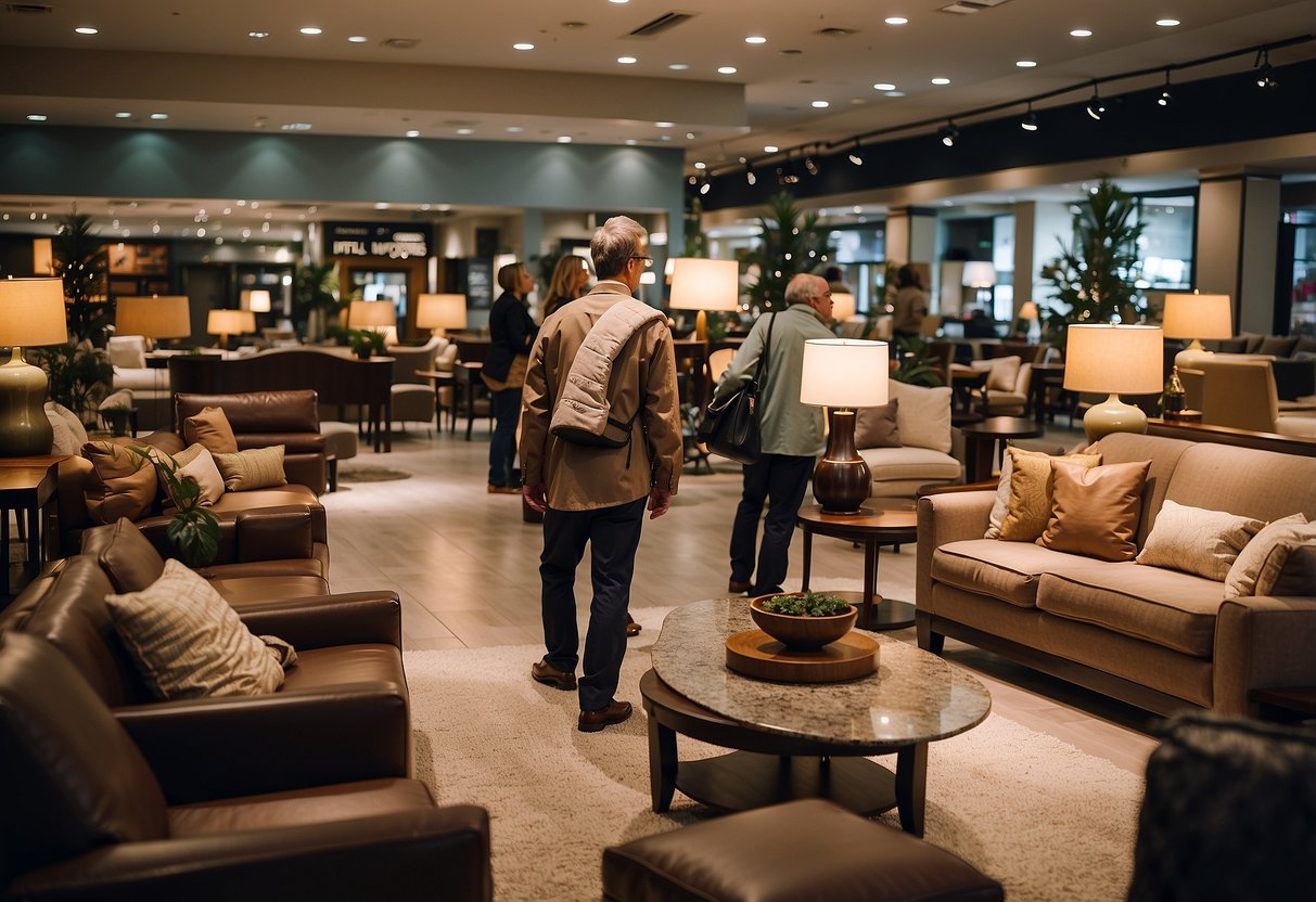 Customers browse through furniture displays at the FAQ furniture mall