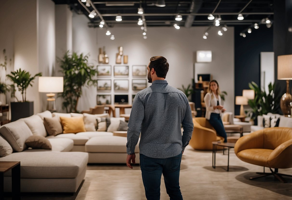 A customer browsing through a showroom of modern furniture, with a salesperson assisting and answering questions about the products