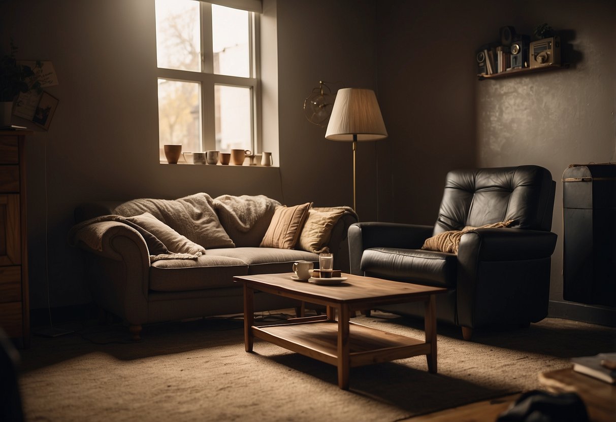 A cluttered room with a small, worn-out sofa, a chipped coffee table, and a mismatched chair. The walls are bare and the lighting is dim