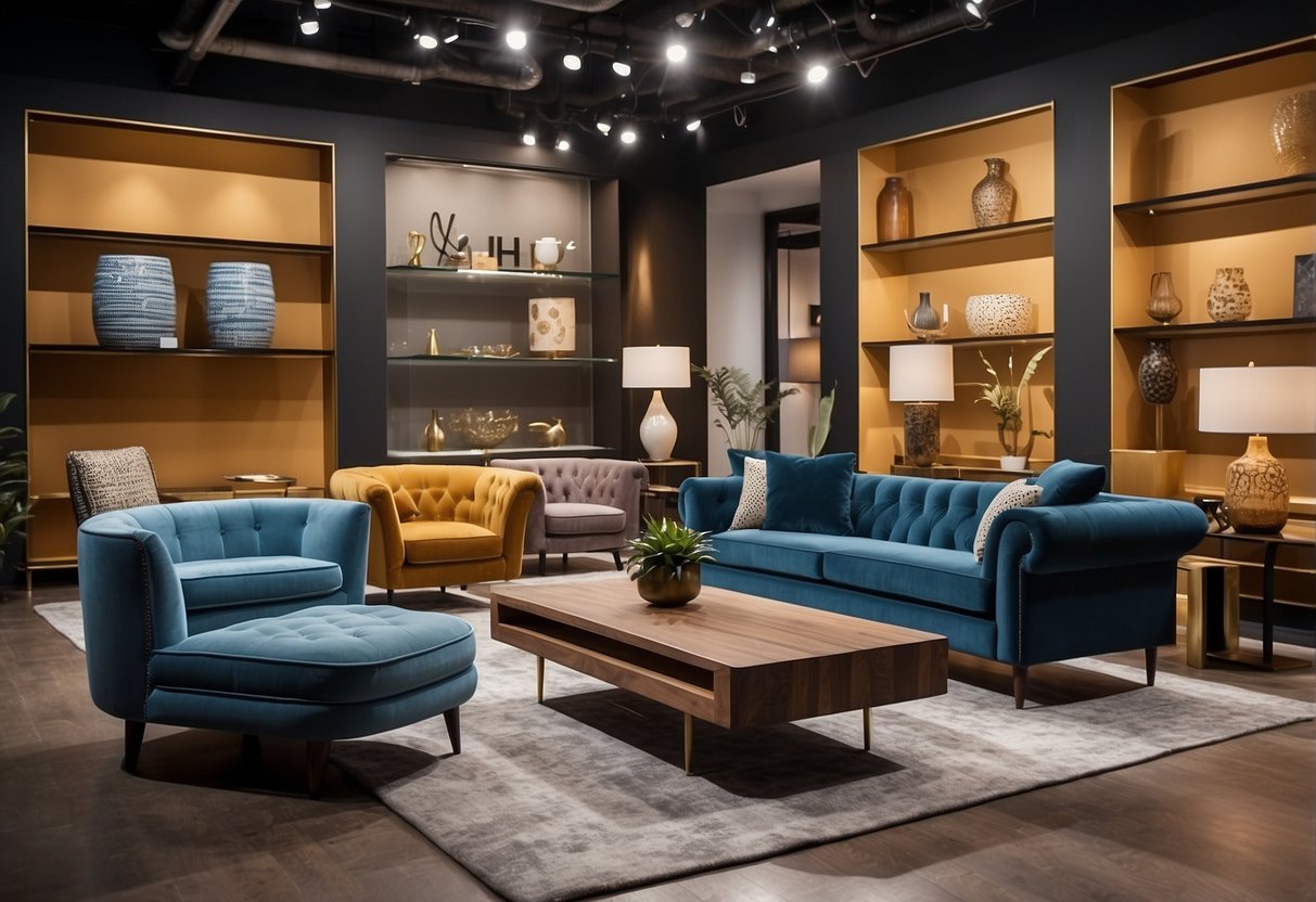 A showroom displaying iconic furniture brands across various price ranges. Different styles and designs are showcased, from modern to classic